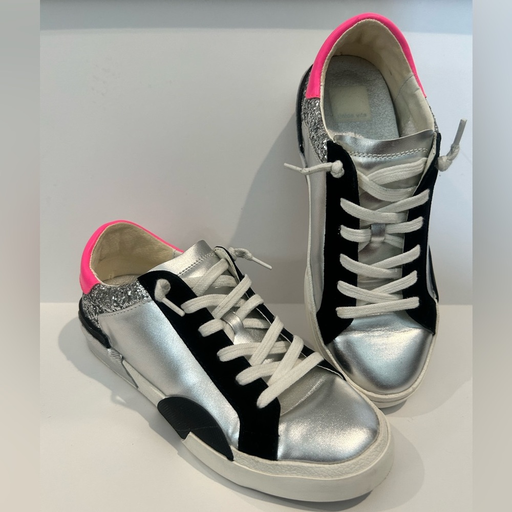 Dolce Vita Silver Metallic Sneakers with Black & Hot Pink Accents